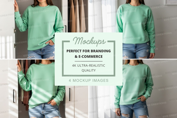 Woman green sweater mockup casual jeans lifestyle display