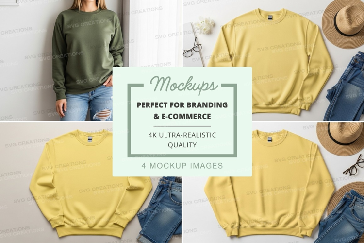 Yellow sweatshirt mockup on jeans with hats and accessories
