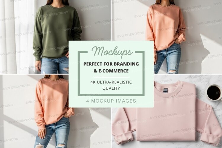 Woman wearing oversized sweater mockup on white brick wall example image 1