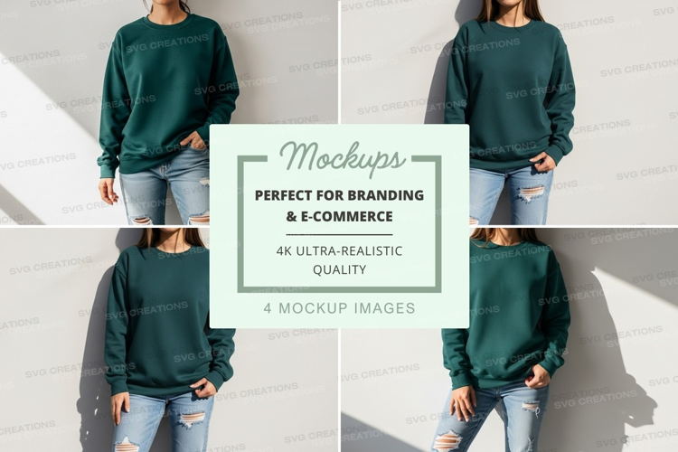 Woman green sweater mockup ripped jeans white wall