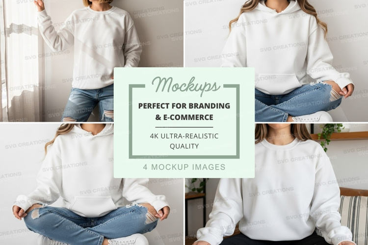 Woman meditating mockup white hoodie jeans home relaxation