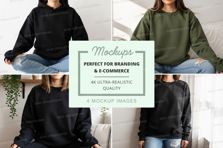 Woman meditating mockup hoodie lifestyle minimalist interior