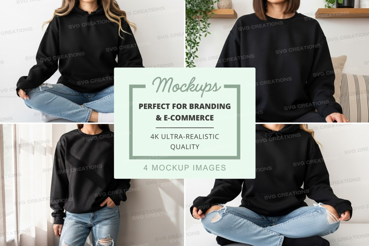 Woman meditating mockup in black hoodie jeans indoor