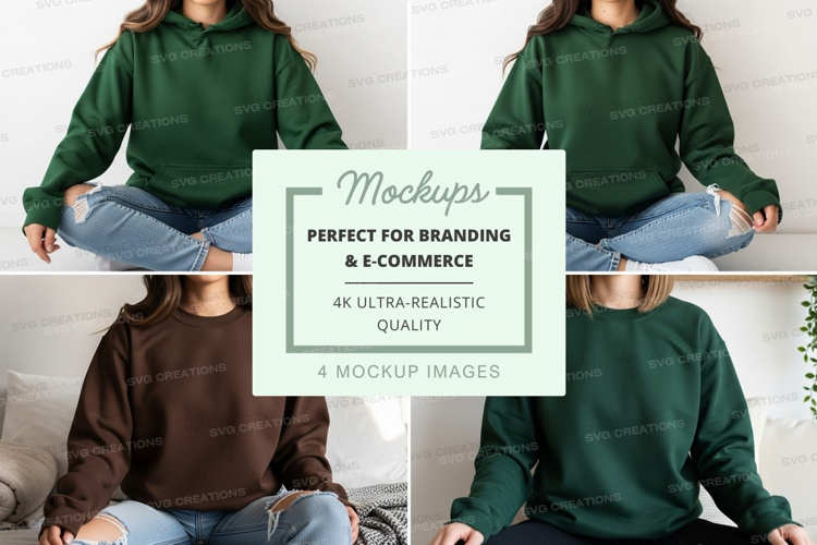 Woman meditating mockup on floating hoodie green