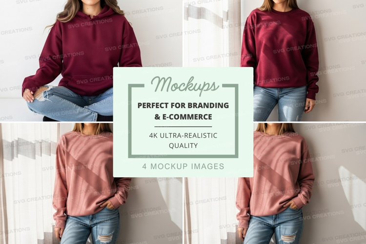 Woman mockup meditating in pink and burgundy hoodie on wall