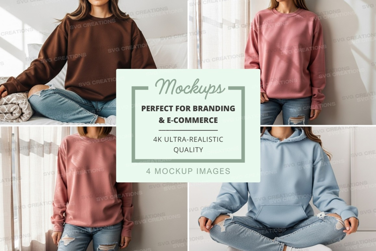 Woman meditating in hoodie mockup on white brick wall