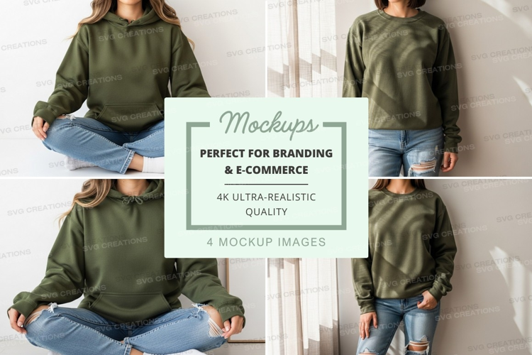 Woman meditation mockup white wall casual hoodie jeans