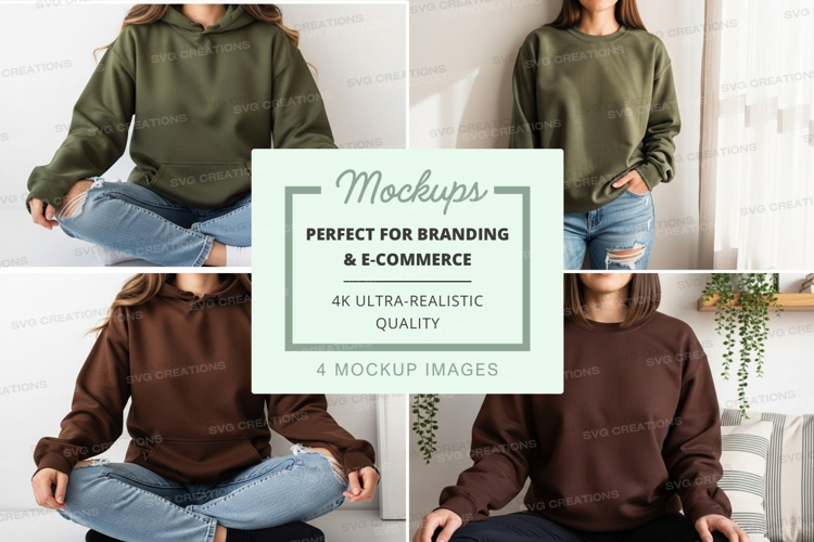 Woman wearing hoodie mockup sitting relaxed indoor lifestyle