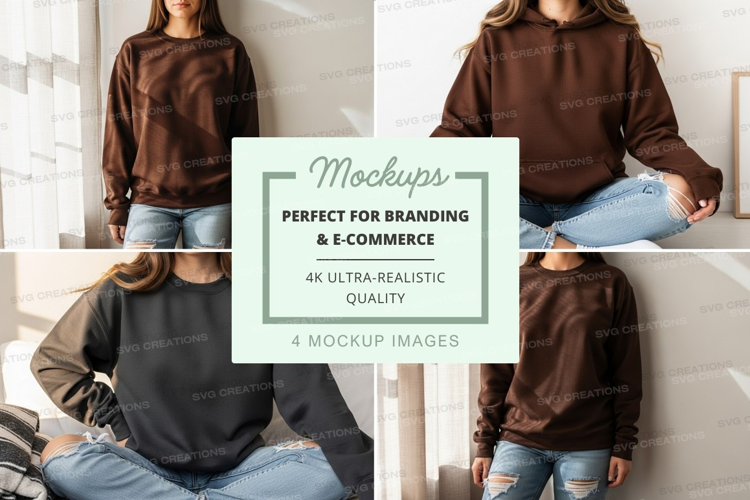 Woman in brown hoodie mockup on white steps relaxed lifestyl