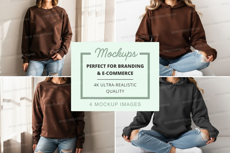 Woman wearing brown hoodie mockup on white brick wall