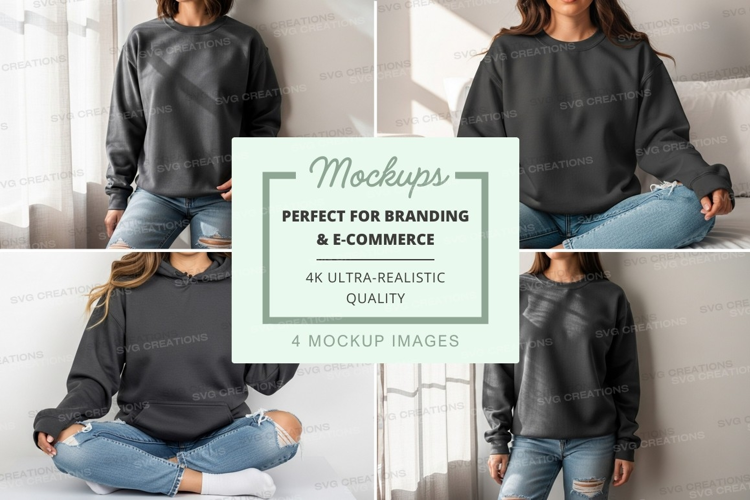 Woman black hoodie mockup sitting ripped jeans lifestylewoma