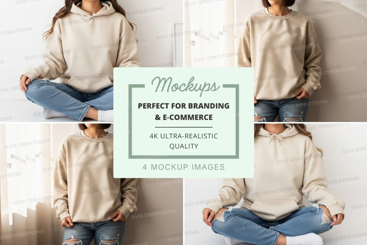 Woman meditating in beige hoodie mockup on white brick wall