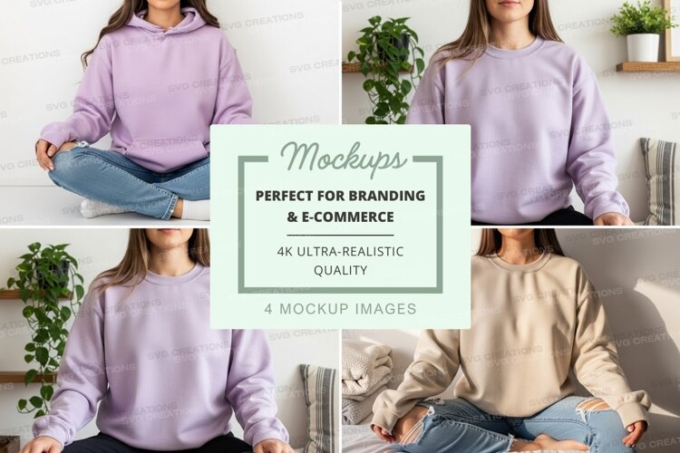 Woman meditating in oversized hoodie mockup at home example image 1