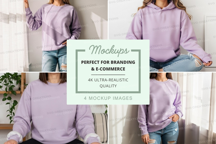 Woman in hoodie mockup meditating at home minimalist lifesty