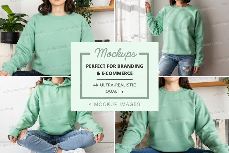 Woman in green hoodie mockup yoga meditation home lifestyle