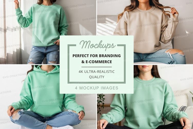 Woman meditating in oversized hoodie mockup on couch