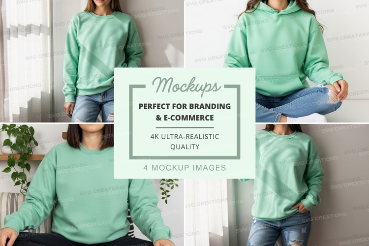 Woman mockup in green hoodie meditating at home minimalist