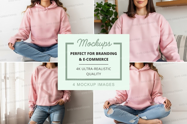 Woman meditating in pink hoodie mockup lifestyle indoor