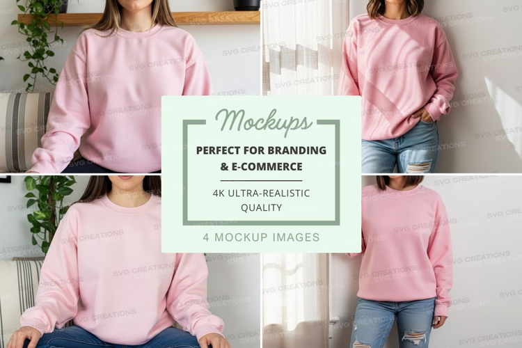 Pink sweatshirt mockup on woman casual lifestyle indoor