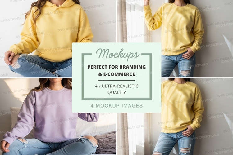 Woman mockup hoodie jeans lifestyle casual studio white