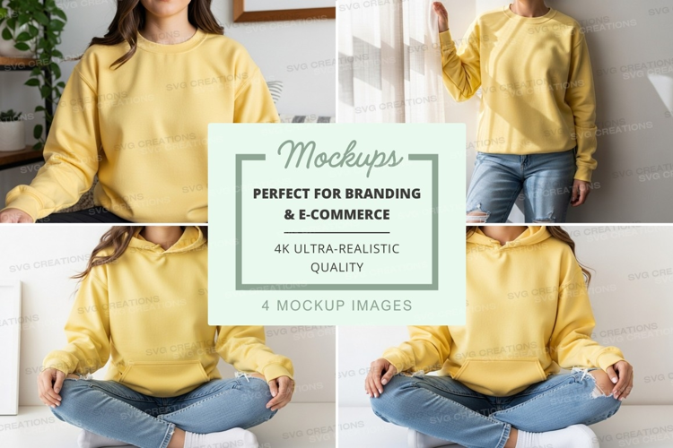 Woman yoga mockup in yellow hoodie jeans meditating home