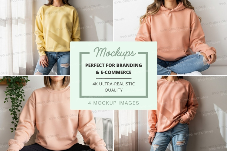Women in oversized hoodies mockup white brick wall