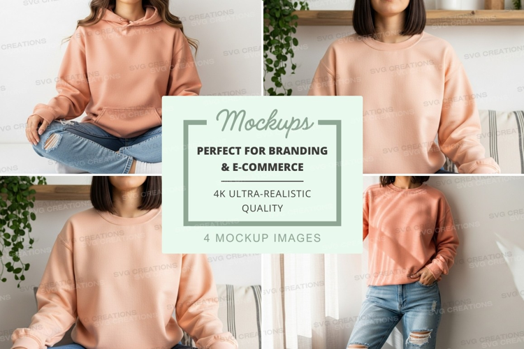 Woman mockup hoodie casual pose home lifestyle minimalist