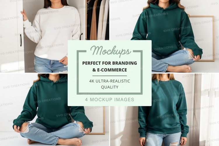 Woman mockup hoodie sitting white minimalist lifestyle