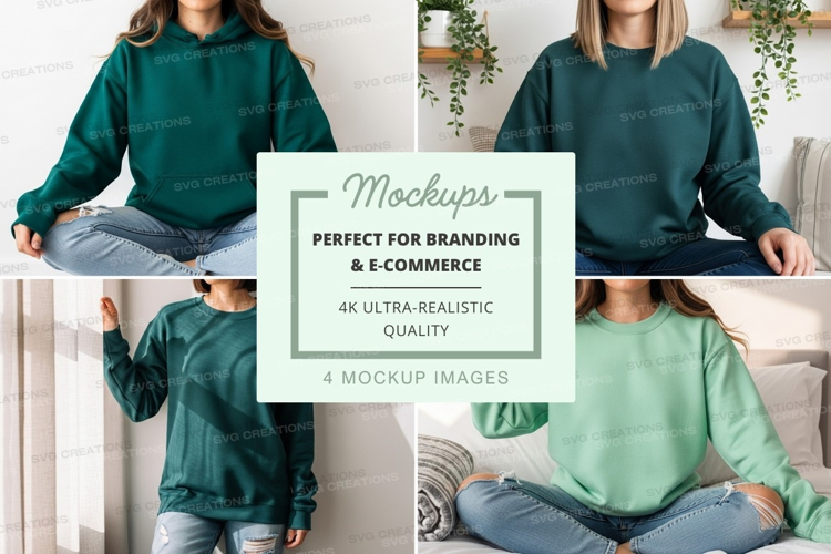 Woman meditating mockup in green hoodie at home