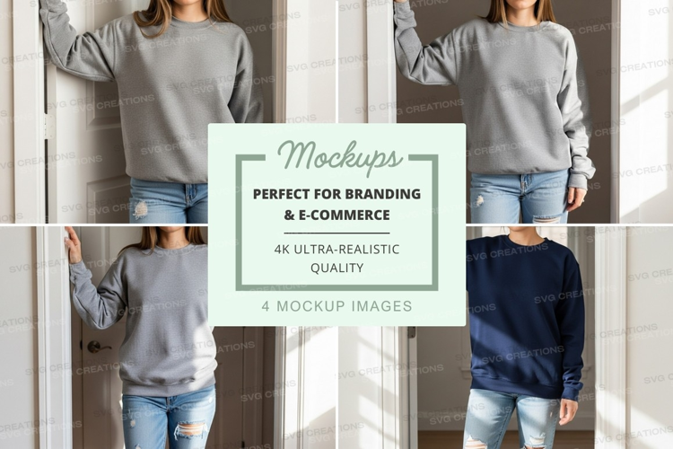 Woman and child sweater jeans mockup indoor natural light