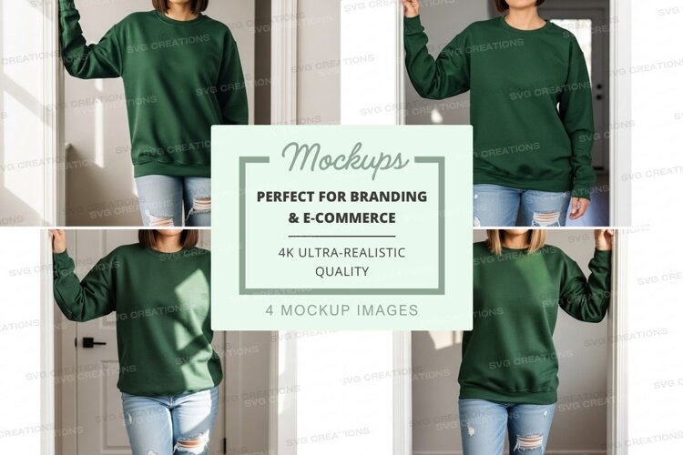 Woman green hoodie mockup arms up white wall denim example image 1