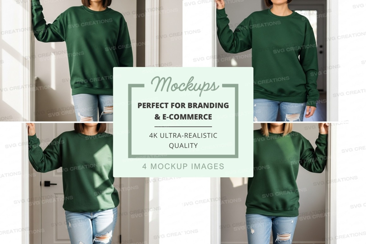 Woman green hoodie mockup arms up white wall denim