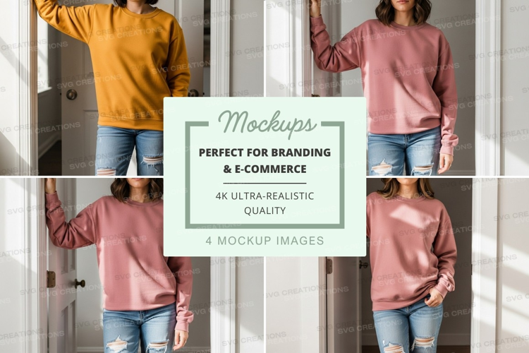 Woman mockup hoodie casual pose white wall minimalist