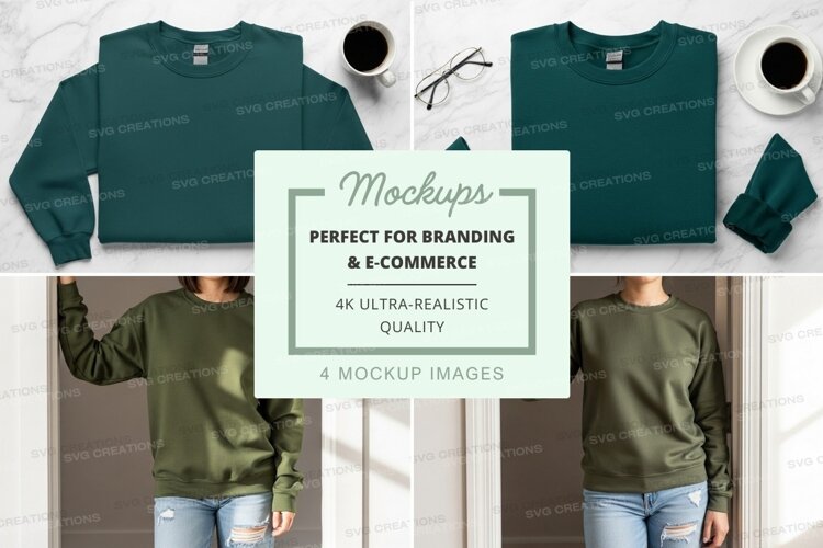 Green sweatshirt mockup with coffee and accessories flat lay example image 1