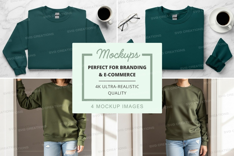 Green sweatshirt mockup with coffee and accessories flat lay