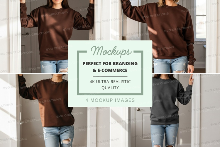 Woman wearing distressed jeans mockup on white wall