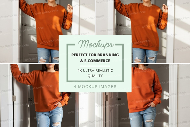 Woman mockup sweater casual pose white wall minimalist