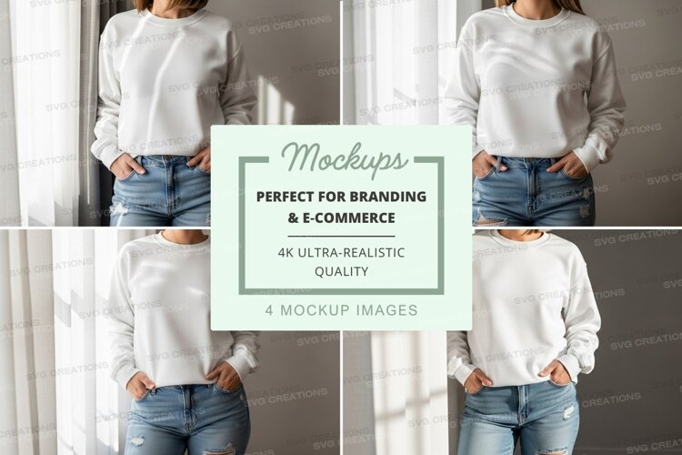Woman wearing white sweater mockup on denim jeans indoor example image 1