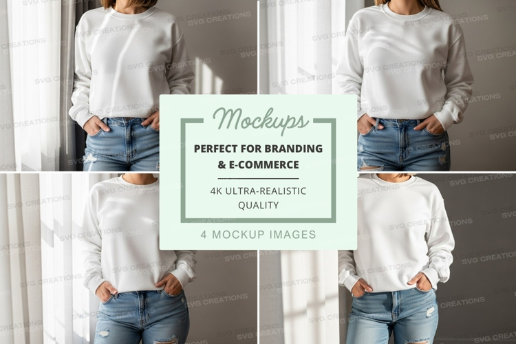 Woman wearing white sweater mockup on denim jeans indoor