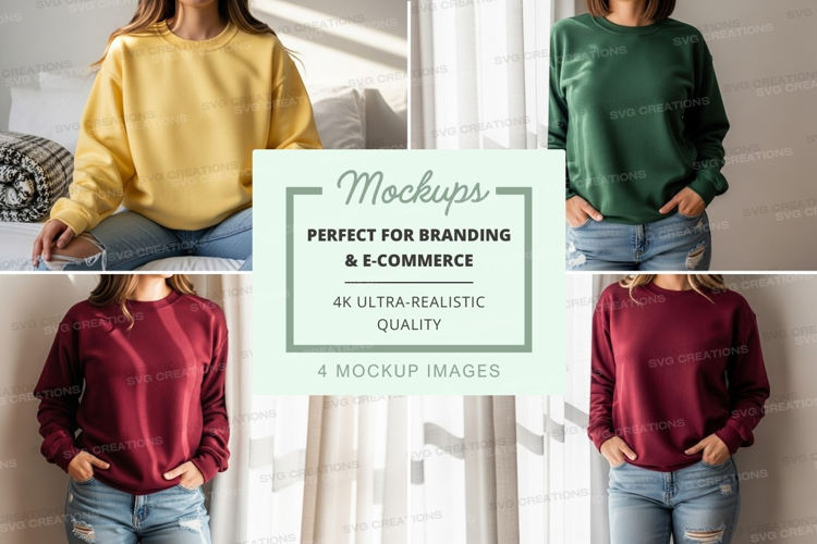 Woman mockup sweater casual pose white wall lifestyle