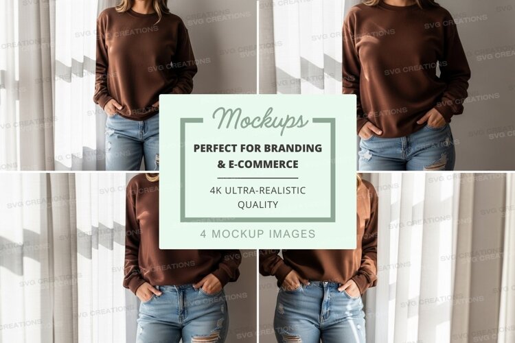 Woman brown sweater mockup on jeans white wall minimal example image 1
