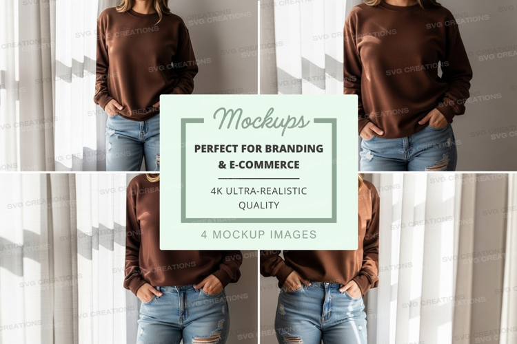 Woman brown sweater mockup on jeans white wall minimal