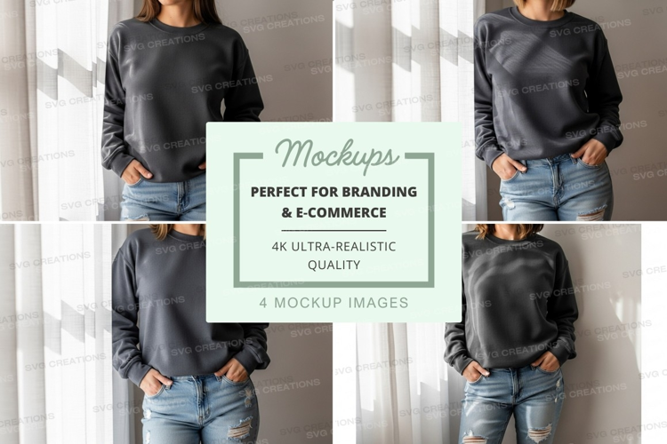 Woman casual outfit mockup on gray wall denim shirt