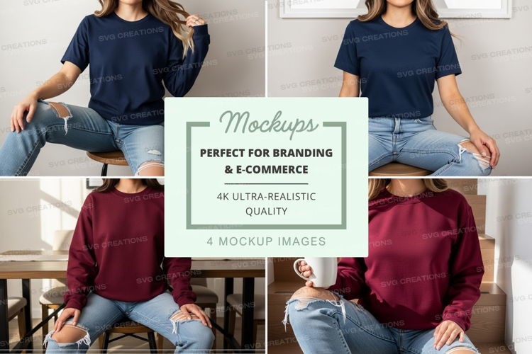 Woman casual mockup jeans sweater sitting stool studio