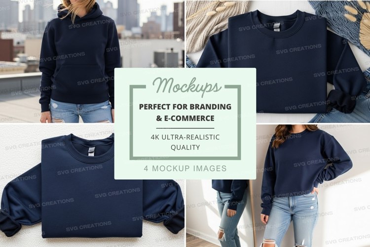 Navy blue sweatshirt mockup on model and flat lay