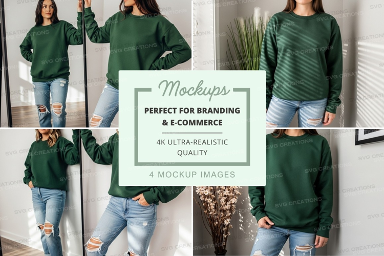 Woman green sweatshirt mockup ripped jeans indoor lifestyle