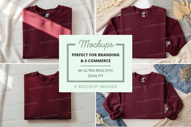 Burgundy sweatshirt mockup on linen with jeans example image 1