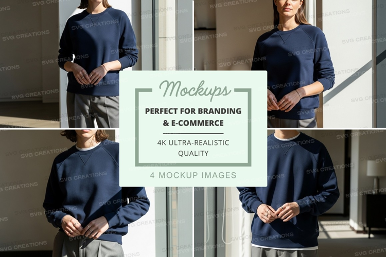 Woman in blue sweater mockup pose indoor natural light
