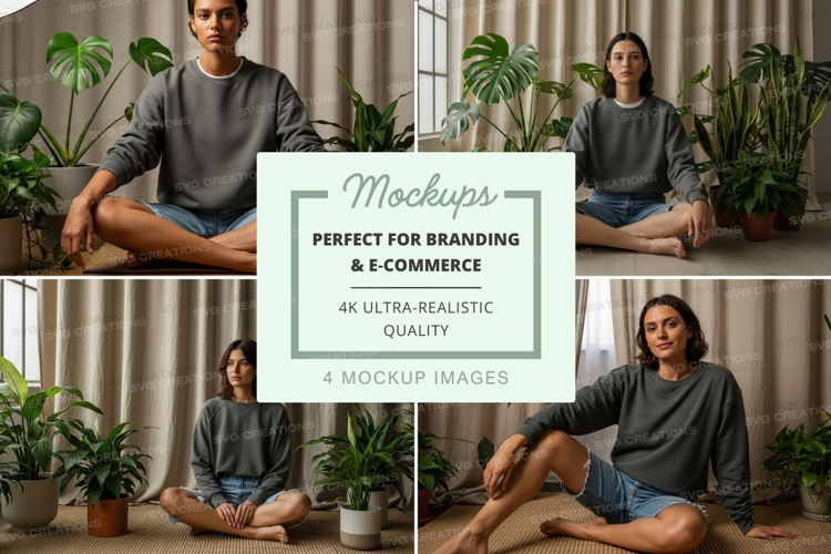 Young couple meditating indoors with plants mockup