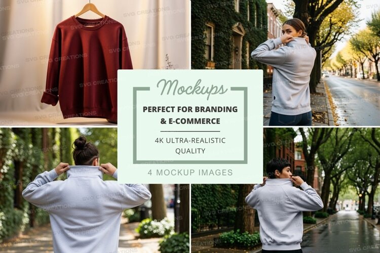 Man trying on red sweater mockup outdoor urban lifestyle example image 1